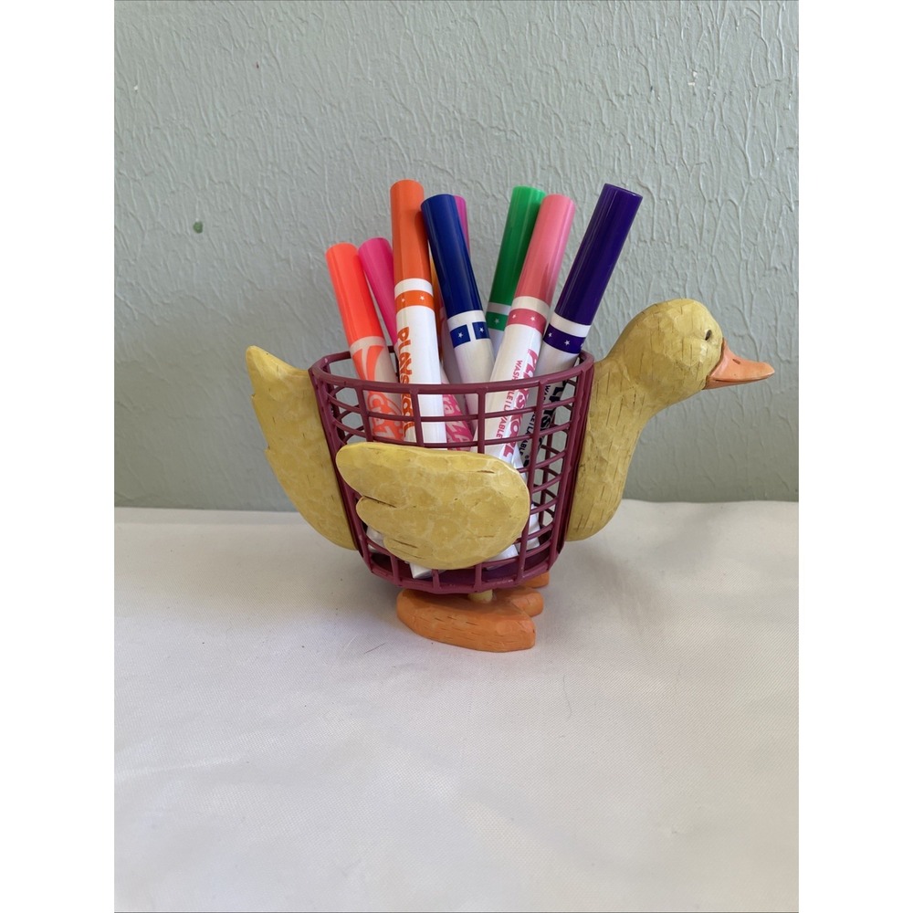 Vintage RUSS Berrie Duck Wire Basket Plant Pen Holder Hand Painted Kids Desk